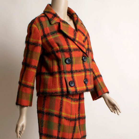 Vintage 1960s Plaid Skirt & Jacket Coat Set Vest Orange Green Vogue Paris 60s - Picture 10 of 11
